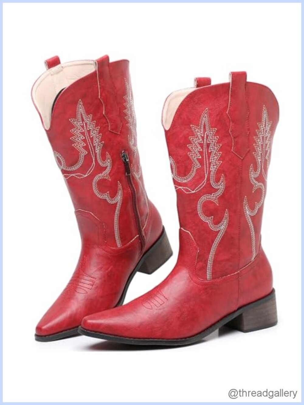 Women's Cowboy Boots Embroidered Chunky Heel Pointed Toe Pull On Mid Calf